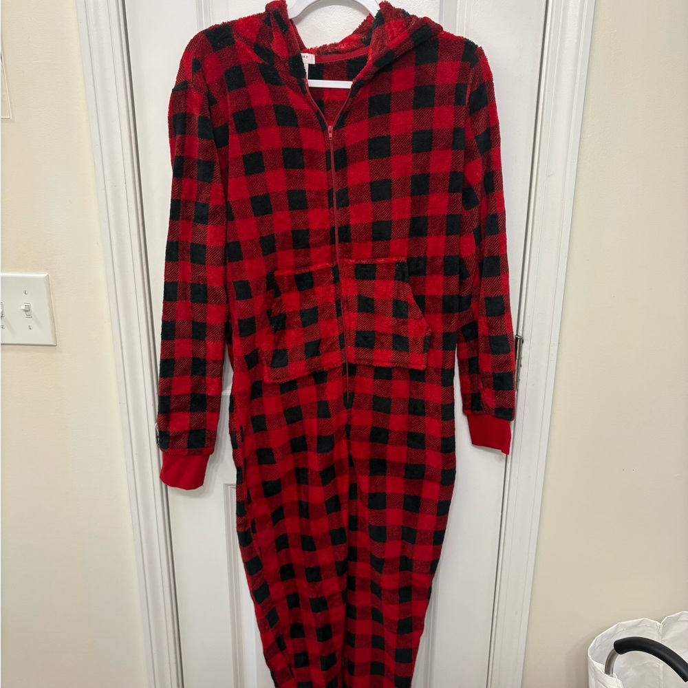 Cozy Red and Black Plaid one-piece Pajamas